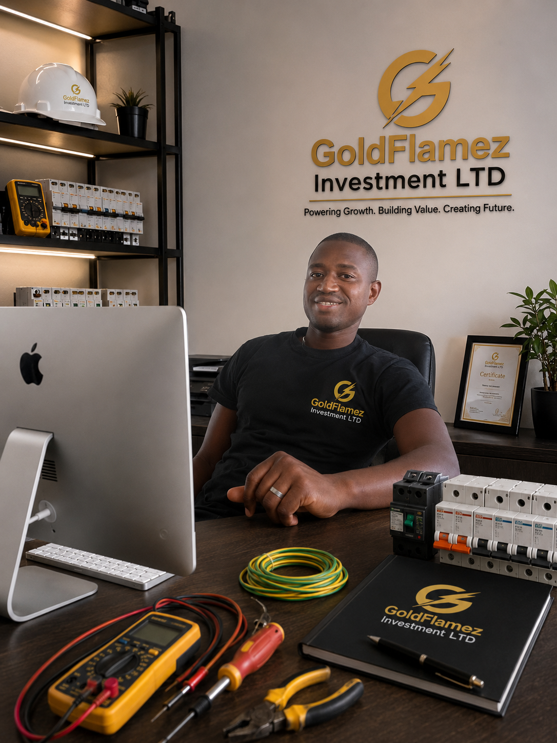 Chishimba Kabezia at his office desk